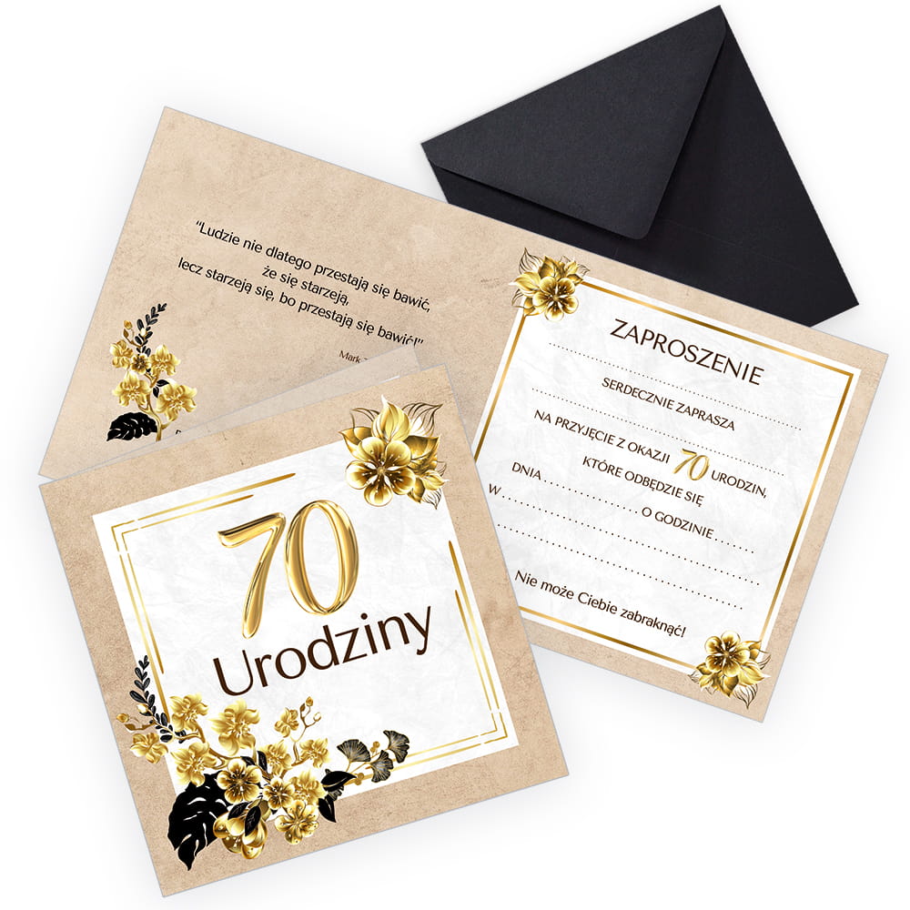 Zaproszenia na 70 Urodziny Złote Eko Czarna Koperta (s)