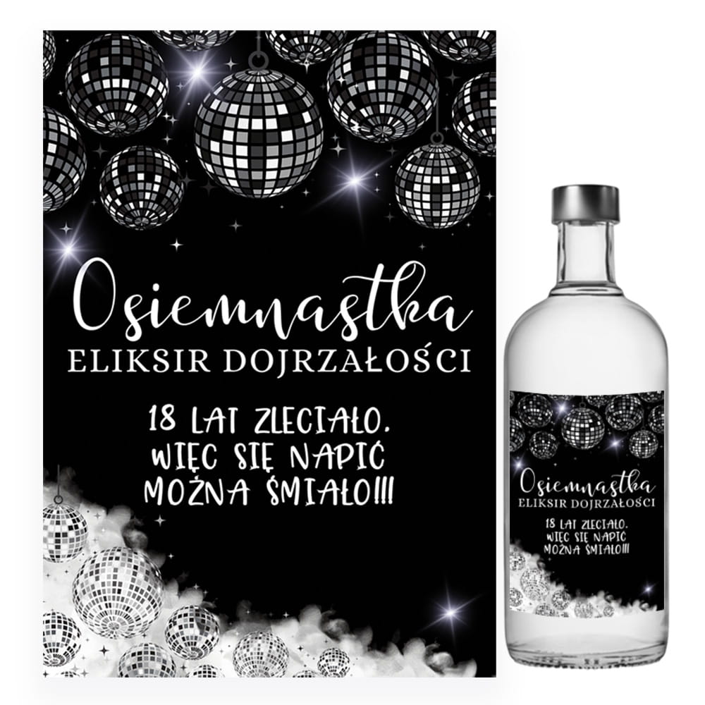 Naklejki na Butelki na 18 Urodziny Czerń i Biel - 10 sztuk (s)