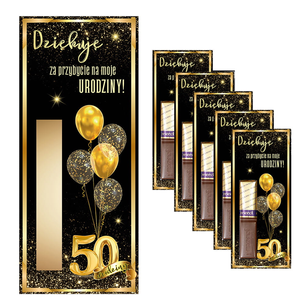 Podziękowania dla gości Merci na imprezę 50 Urodziny Złote Balony - 5 sztuk (s)