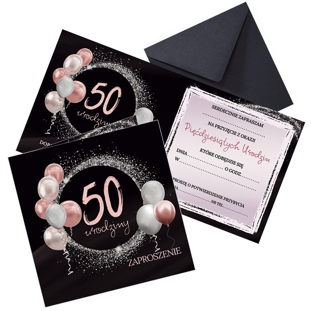 Zaproszenia na 50 Urodziny Różowe Balony Czarna Koperta
