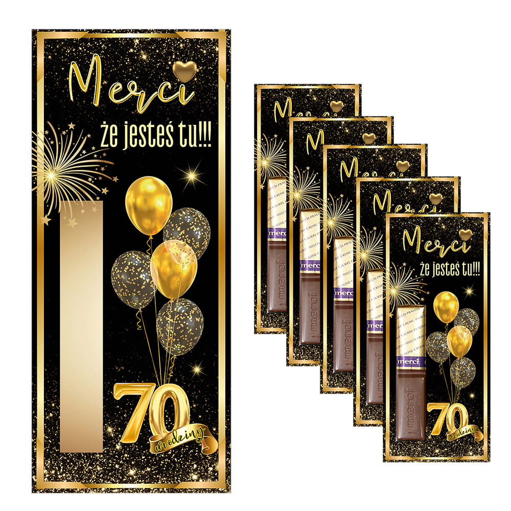 Podziękowania dla gości Merci na Imprezę 70 Urodziny Złote Balony - 5 sztuk (s)