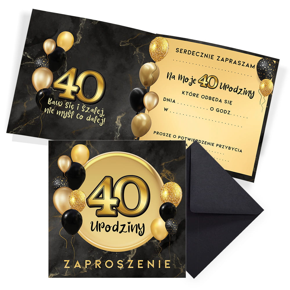 Zaproszenia na 40 Urodziny Czarno złote Czarna Koperta (s)