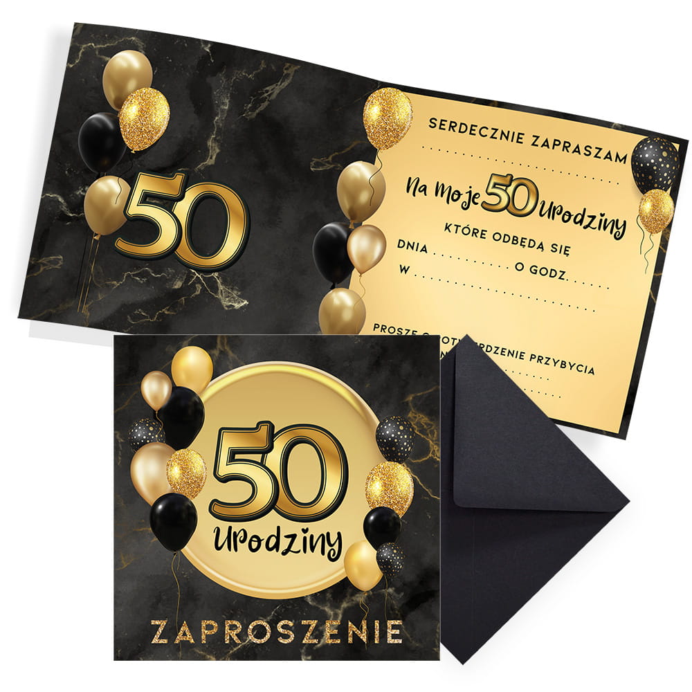 Zaproszenia na 50 Urodziny Czarno złote Czarna Koperta (s)