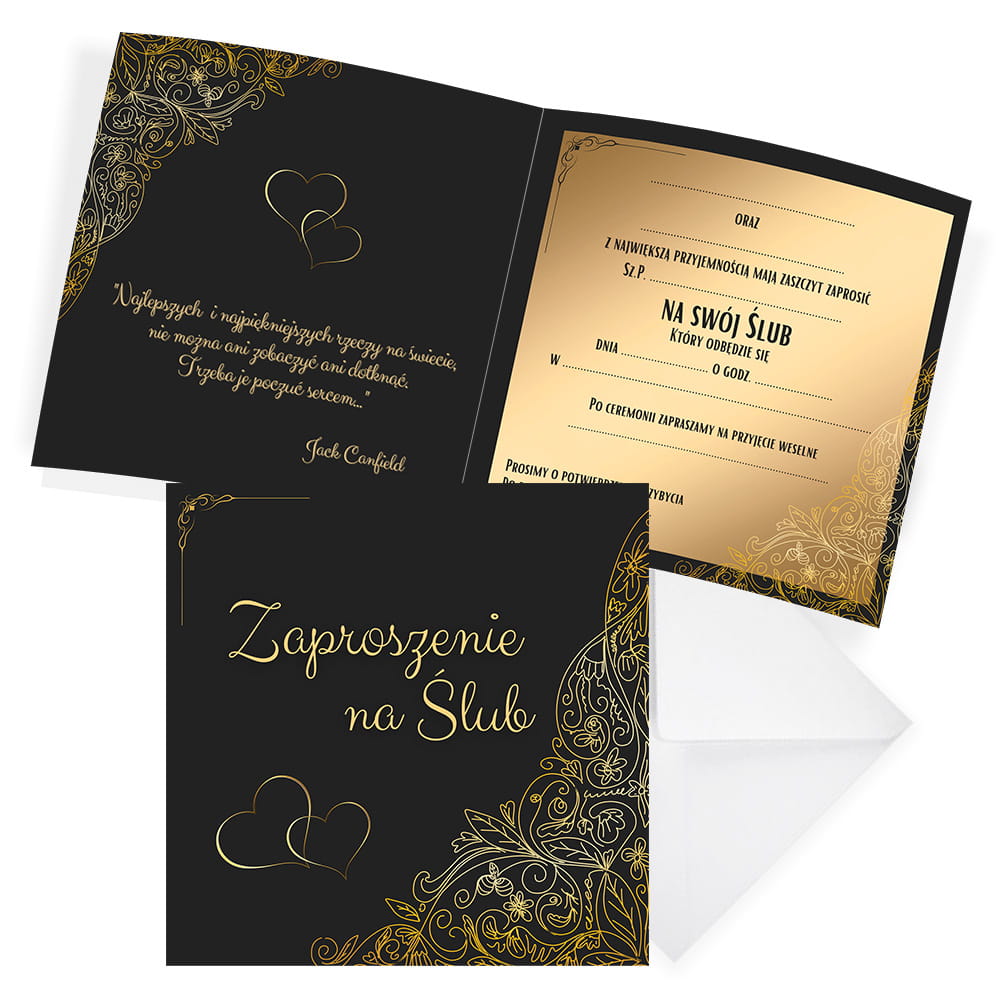Zaproszenia Ślubne Złote Serca z kopertą (s)