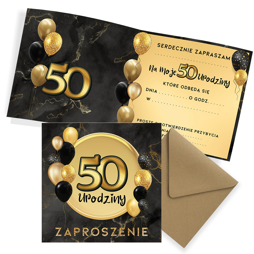 Zaproszenia na 50 Urodziny Czarno złote Eko Koperta (s)