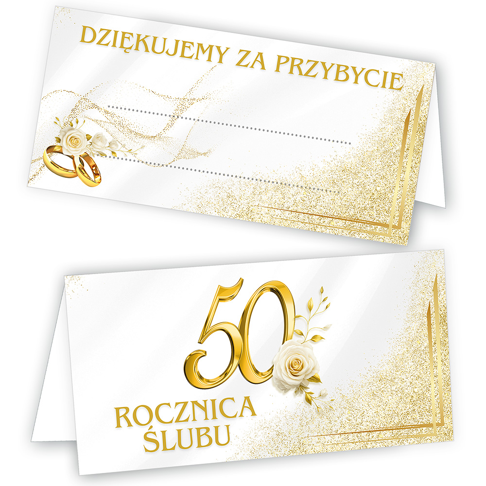 Winietki na Stół na 50 Rocznicę Ślubu Biało Złote Róże - 10 sztuk (s)