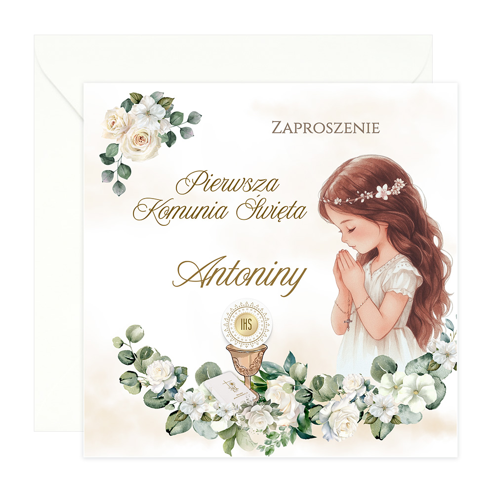 Zaproszenia Personalizowane na Komunię Białe Róże Dziewczynka